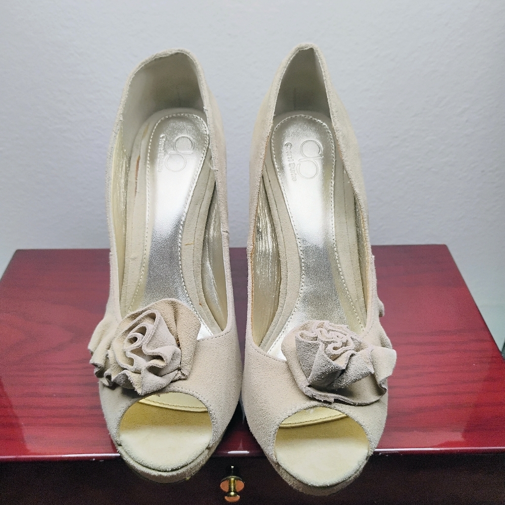 **4 For $18 SALE**  Chic Beige Peep-Toe Heels with Floral Detail